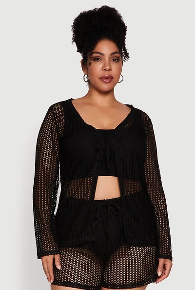 Plus Stylish Laser Cut Sheer Cardigan with Tie Front