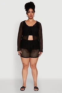 Womens Plus Size Stylish Laser Cut Sheer Cardigan with Tie Front, Black, Size 3X