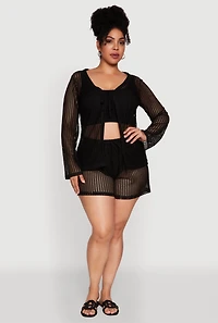Womens Plus Size Stylish Laser Cut Sheer Cardigan with Tie Front, Black, Size 3X