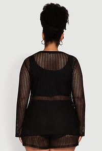 Womens Plus Size Stylish Laser Cut Sheer Cardigan with Tie Front, Black, Size 3X