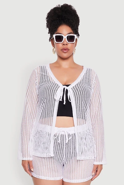 Womens Plus Stylish Laser Cut Sheer Cardigan with Tie Front, White,