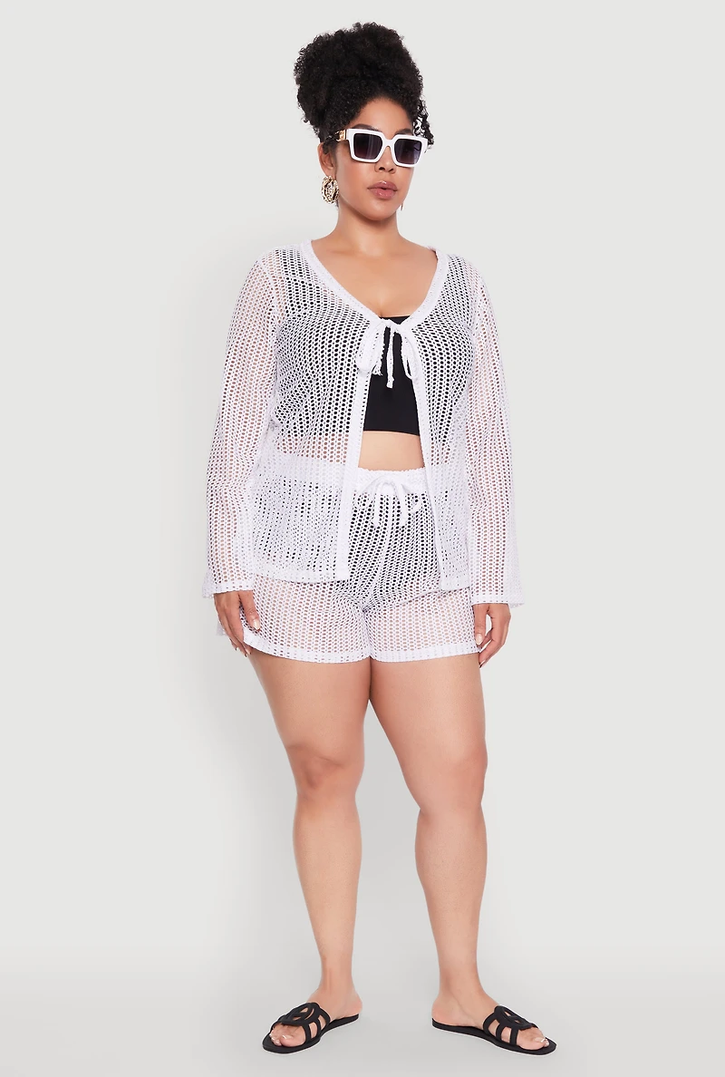 Womens Plus Size Stylish Laser Cut Sheer Cardigan with Tie Front, White, Size 4X
