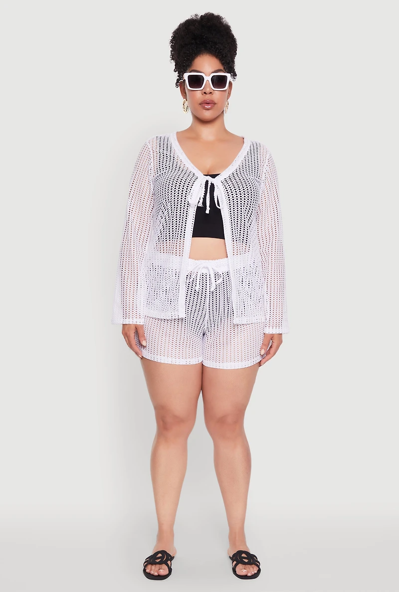Womens Plus Size Stylish Laser Cut Sheer Cardigan with Tie Front, White, Size 4X