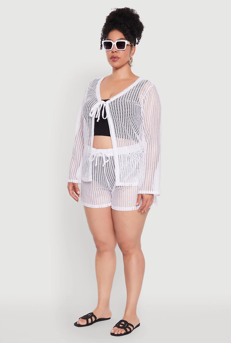 Womens Plus Size Stylish Laser Cut Sheer Cardigan with Tie Front, White, Size 4X