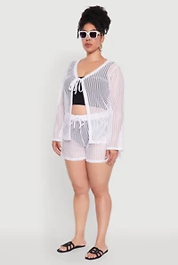 Womens Plus Size Stylish Laser Cut Sheer Cardigan with Tie Front, White, Size 4X