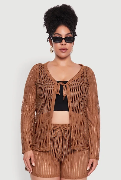 Womens Plus Stylish Laser Cut Sheer Cardigan with Tie Front, Brown,