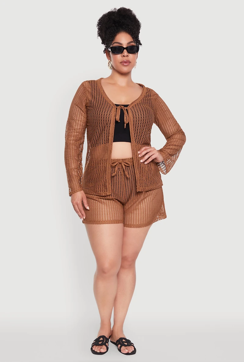 Womens Plus Stylish Laser Cut Sheer Cardigan with Tie Front, Brown,