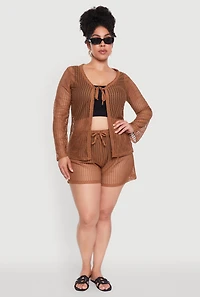 Womens Plus Stylish Laser Cut Sheer Cardigan with Tie Front, Brown,