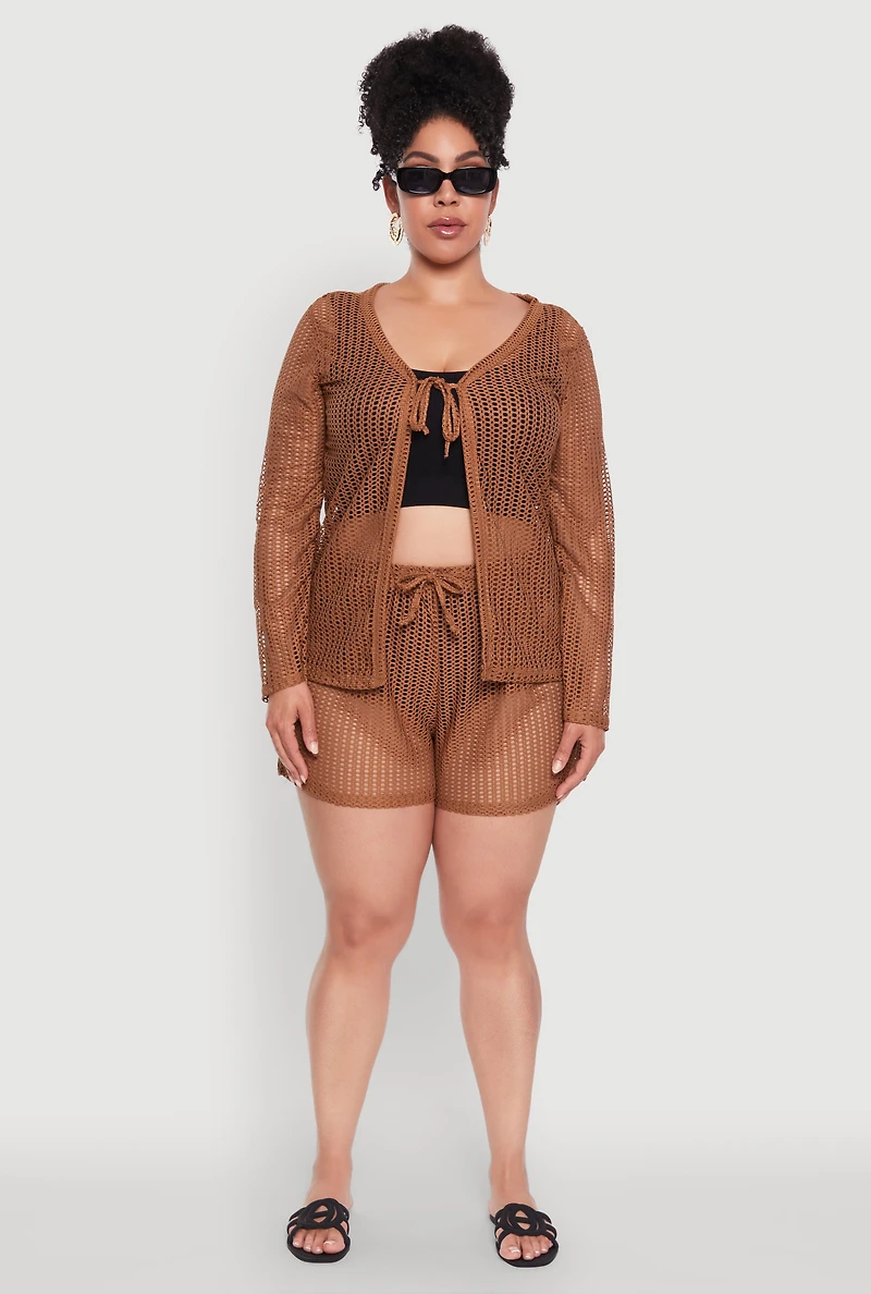 Womens Plus Stylish Laser Cut Sheer Cardigan with Tie Front, Brown,