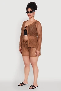 Womens Plus Stylish Laser Cut Sheer Cardigan with Tie Front, Brown,