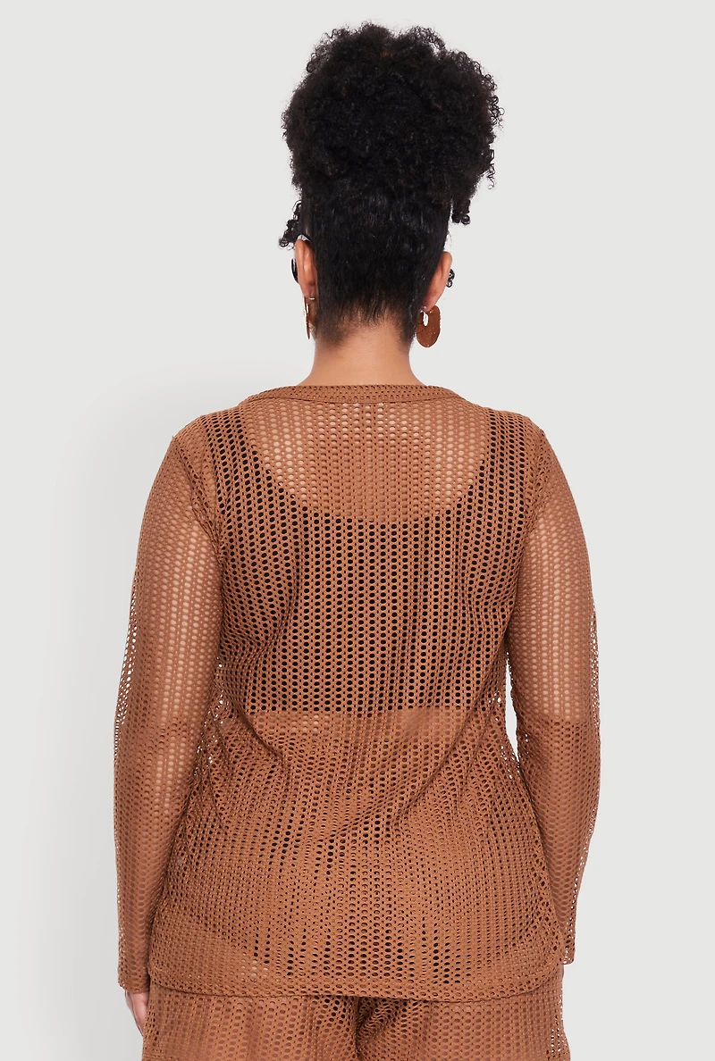 Womens Plus Stylish Laser Cut Sheer Cardigan with Tie Front, Brown,