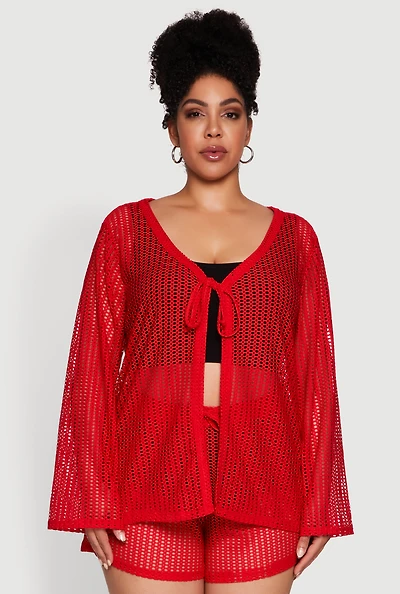 Womens Plus Stylish Laser Cut Sheer Cardigan with Tie Front,