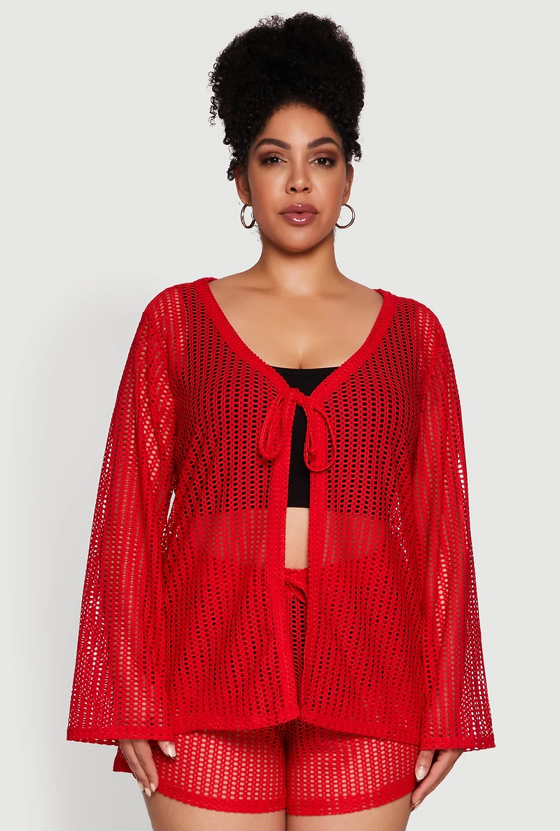 Womens Plus Stylish Laser Cut Sheer Cardigan with Tie Front,