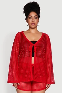 Womens Plus Stylish Laser Cut Sheer Cardigan with Tie Front,