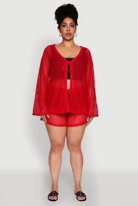 Womens Plus Stylish Laser Cut Sheer Cardigan with Tie Front,