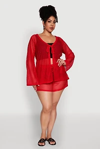 Womens Plus Stylish Laser Cut Sheer Cardigan with Tie Front,