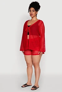 Womens Plus Stylish Laser Cut Sheer Cardigan with Tie Front,