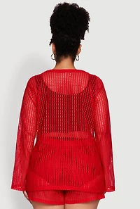 Womens Plus Stylish Laser Cut Sheer Cardigan with Tie Front,