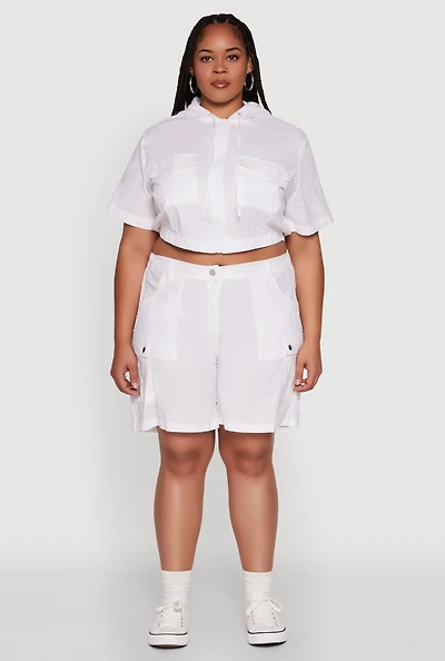 Womens Plus Size Stylish High Waisted Cargo Shorts, White, Size 2X