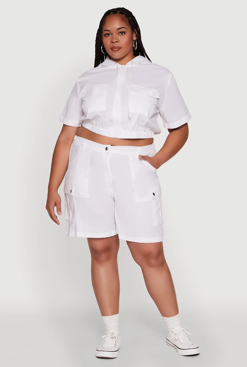 Womens Plus Size Stylish High Waisted Cargo Shorts, White, Size 2X