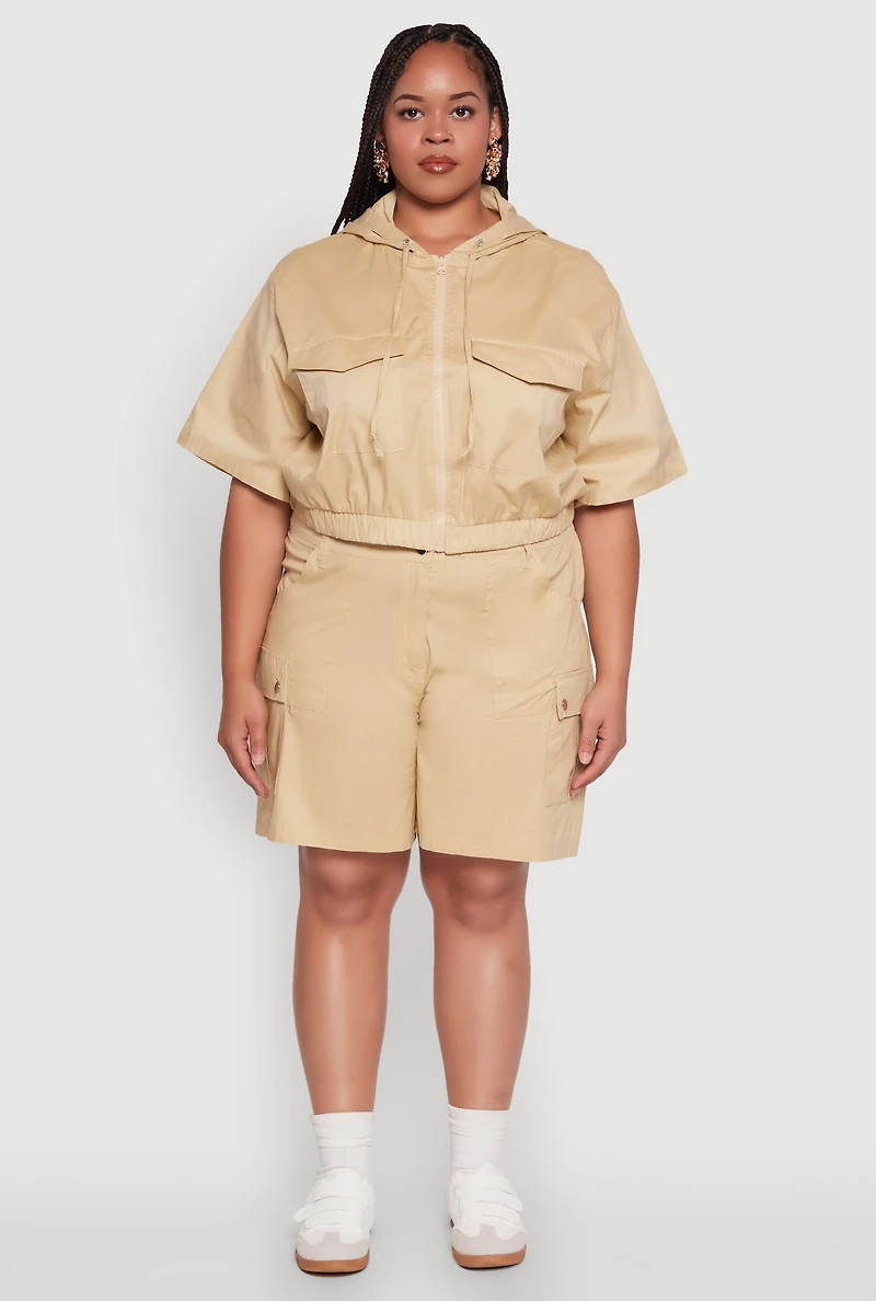 Womens Plus Size Stylish High Waisted Cargo Shorts, Khaki, Size 2X
