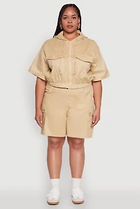 Womens Plus Size Stylish High Waisted Cargo Shorts, Khaki, Size 2X