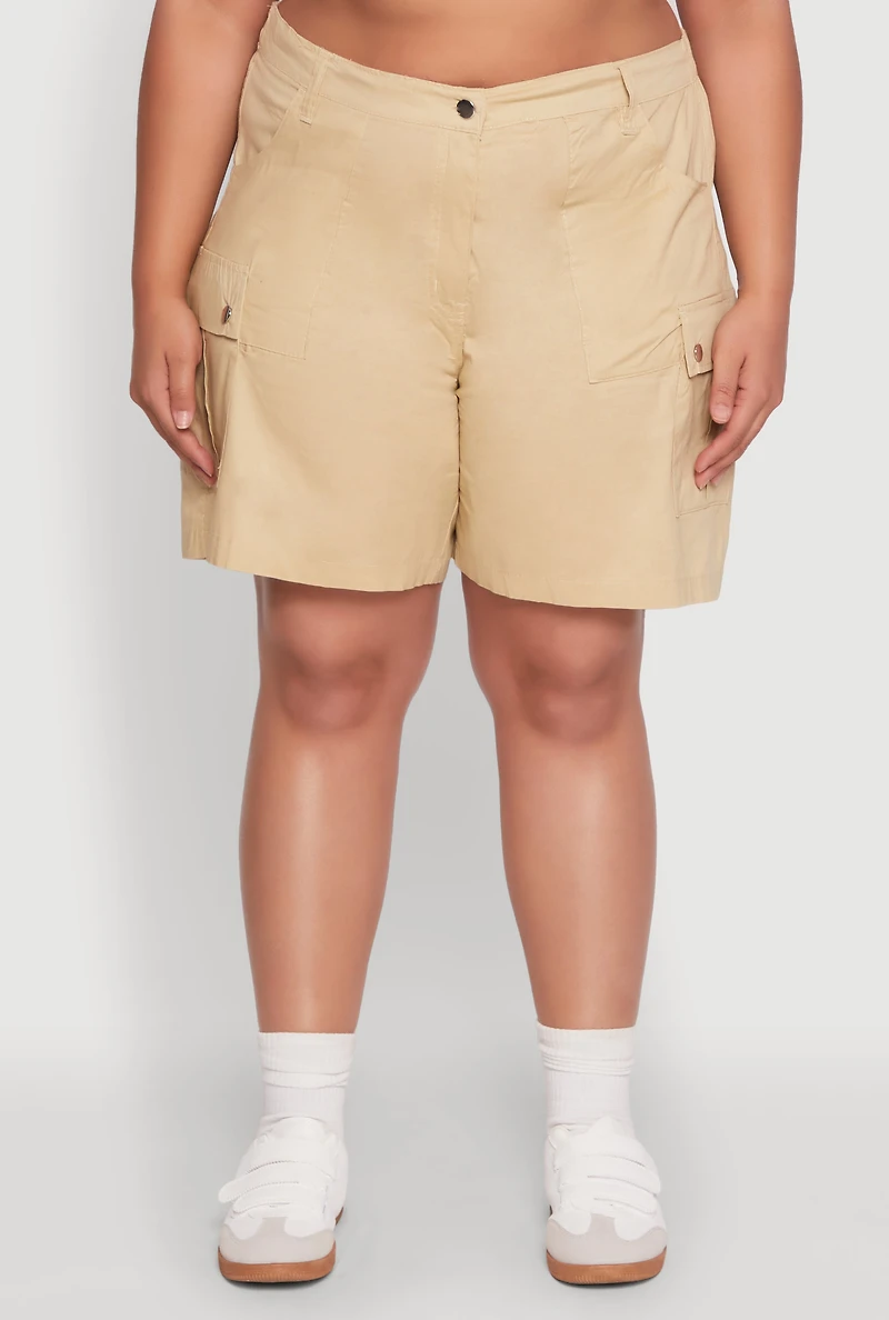 Womens Plus Size Stylish High Waisted Cargo Shorts, Khaki, Size 3X