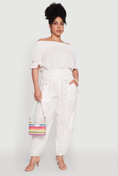 Womens Plus Size Stylish Zip Cargo Pocket Joggers, White, Size 3X