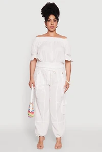 Womens Plus Size Stylish Zip Cargo Pocket Joggers, White, Size 3X