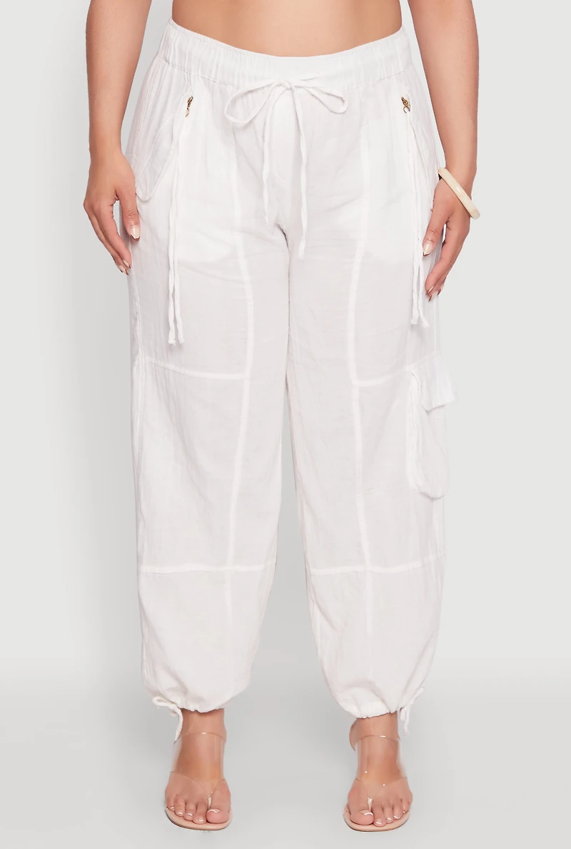 Womens Plus Size Stylish Zip Cargo Pocket Joggers, White, Size 3X