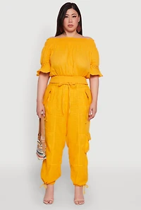 Womens Plus Size Stylish Zip Cargo Pocket Joggers, Yellow, Size 2X