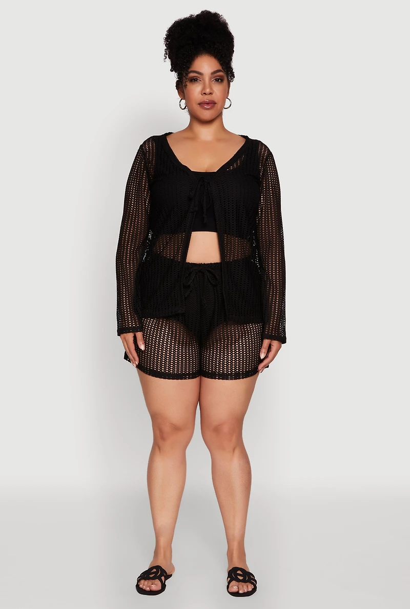 Plus Trendy High Waisted Laser Cut Sheer Shorts