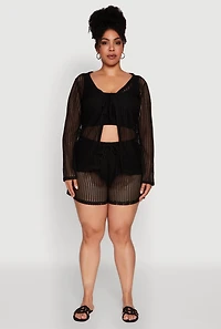 Plus Trendy High Waisted Laser Cut Sheer Shorts