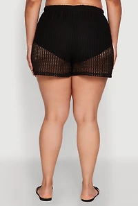 Womens Plus Trendy High Waisted Laser Cut Sheer Shorts,