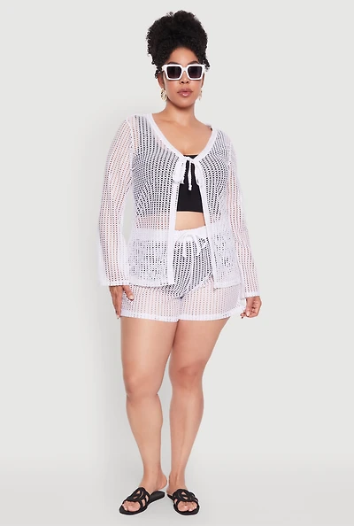 Womens Plus Size Trendy High Waisted Laser Cut Sheer Shorts, White, Size 4X