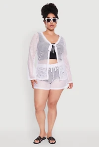 Womens Plus Trendy High Waisted Laser Cut Sheer Shorts, White,