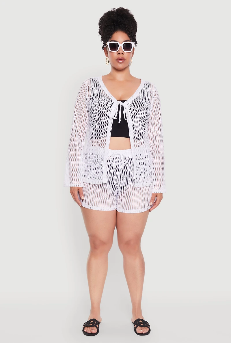Womens Plus Size Trendy High Waisted Laser Cut Sheer Shorts, White, Size 4X