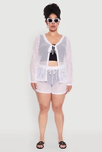 Womens Plus Size Trendy High Waisted Laser Cut Sheer Shorts, White, Size 4X