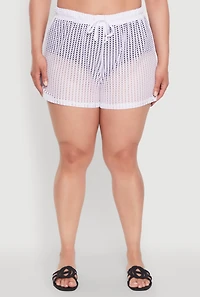 Womens Plus Size Trendy High Waisted Laser Cut Sheer Shorts, White, Size 4X
