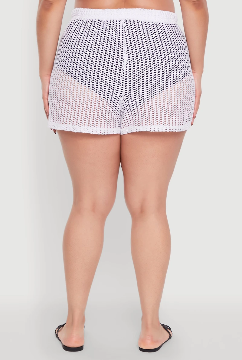 Womens Plus Size Trendy High Waisted Laser Cut Sheer Shorts, White, Size 4X