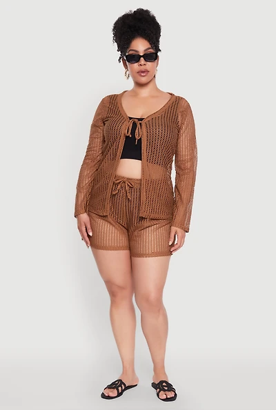 Womens Plus Trendy High Waisted Laser Cut Sheer Shorts,