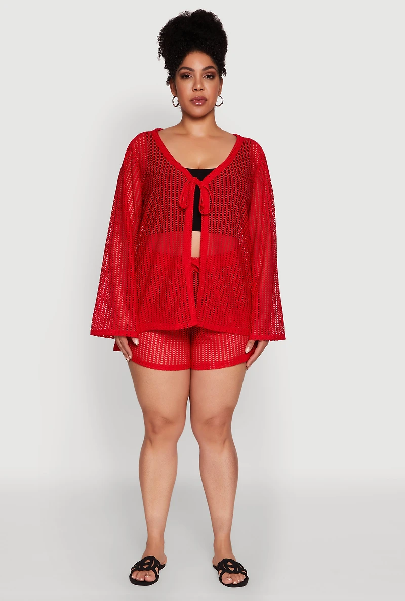 Womens Plus Trendy High Waisted Laser Cut Sheer Shorts, Red,