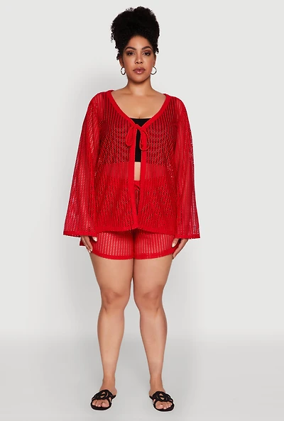 Womens Plus Trendy High Waisted Laser Cut Sheer Shorts, Red,