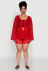 Womens Plus Trendy High Waisted Laser Cut Sheer Shorts, Red,