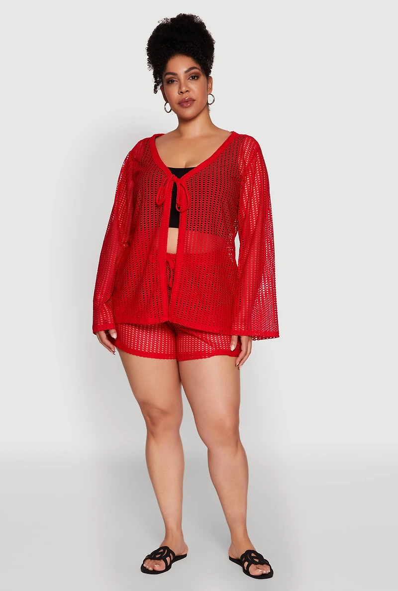 Womens Plus Trendy High Waisted Laser Cut Sheer Shorts, Red,