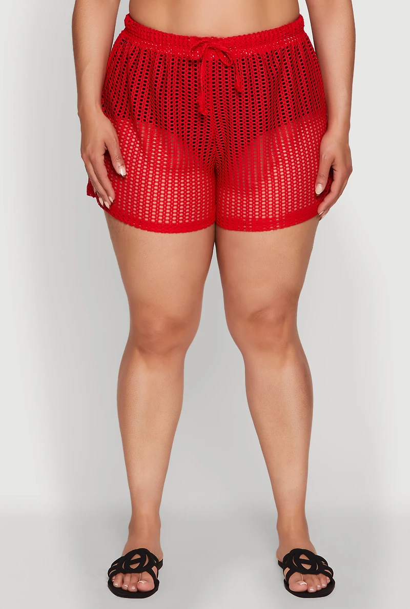 Womens Plus Trendy High Waisted Laser Cut Sheer Shorts, Red,