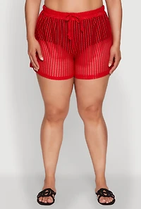 Womens Plus Trendy High Waisted Laser Cut Sheer Shorts, Red,