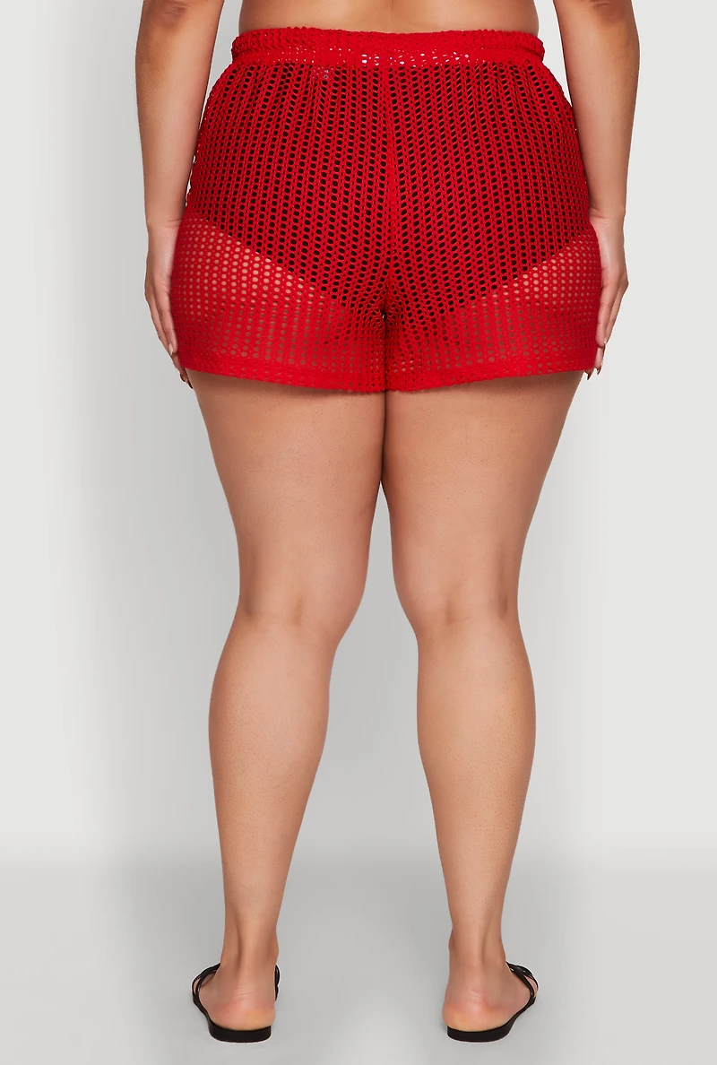 Womens Plus Trendy High Waisted Laser Cut Sheer Shorts, Red,