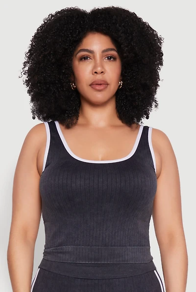 Womens Plus Size Mineral Wash Contrast Trim Crop Top, Grey, Size 1X-2X