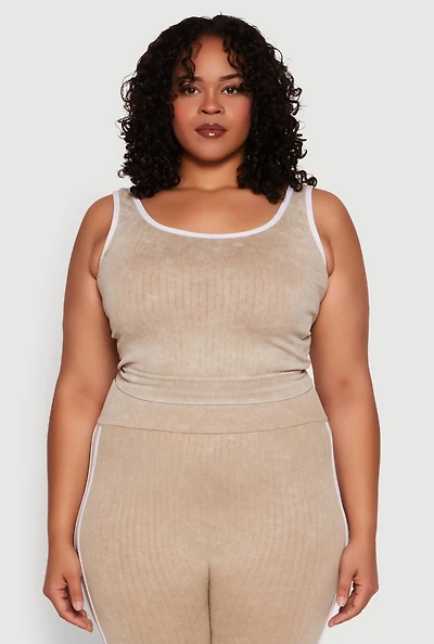 Womens Plus Size Mineral Wash Contrast Trim Crop Top, Beige, Size 1X-2X